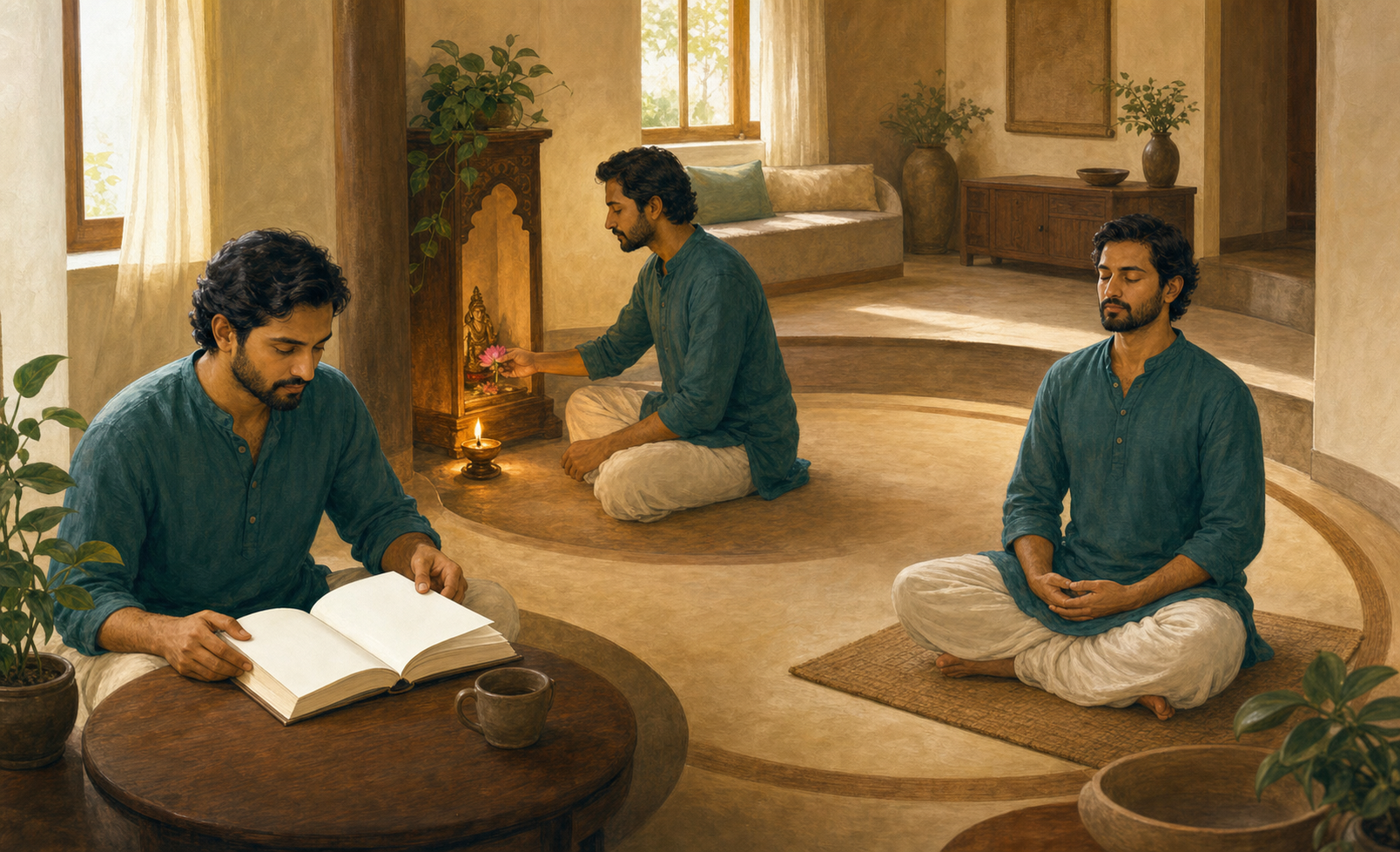 One practitioner is shown studying a blank book, offering a flower by an oil lamp, and meditating in three connected areas of a room.
