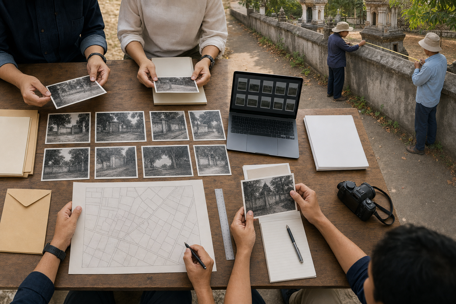 Volunteers organize photographs, an unlabeled parcel map, forms, and measurement records while two people inspect a temple property boundary.