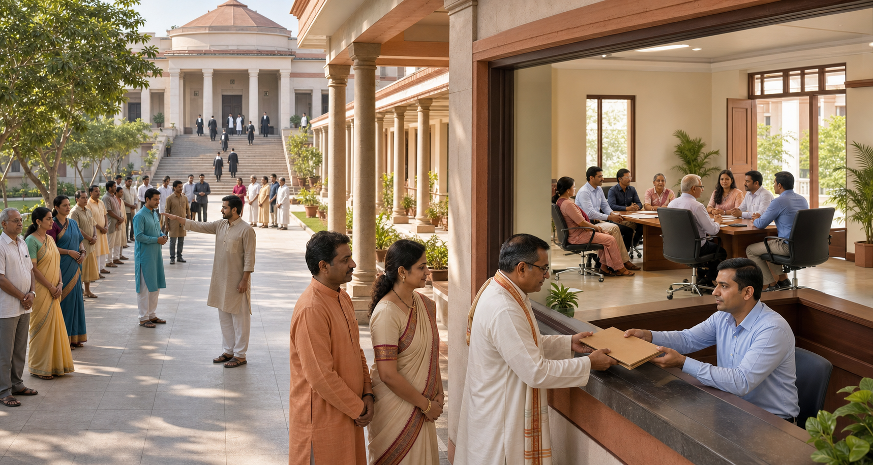Community representatives submit documents to an official as an orderly delegation meets nearby and courthouse steps appear in the background.