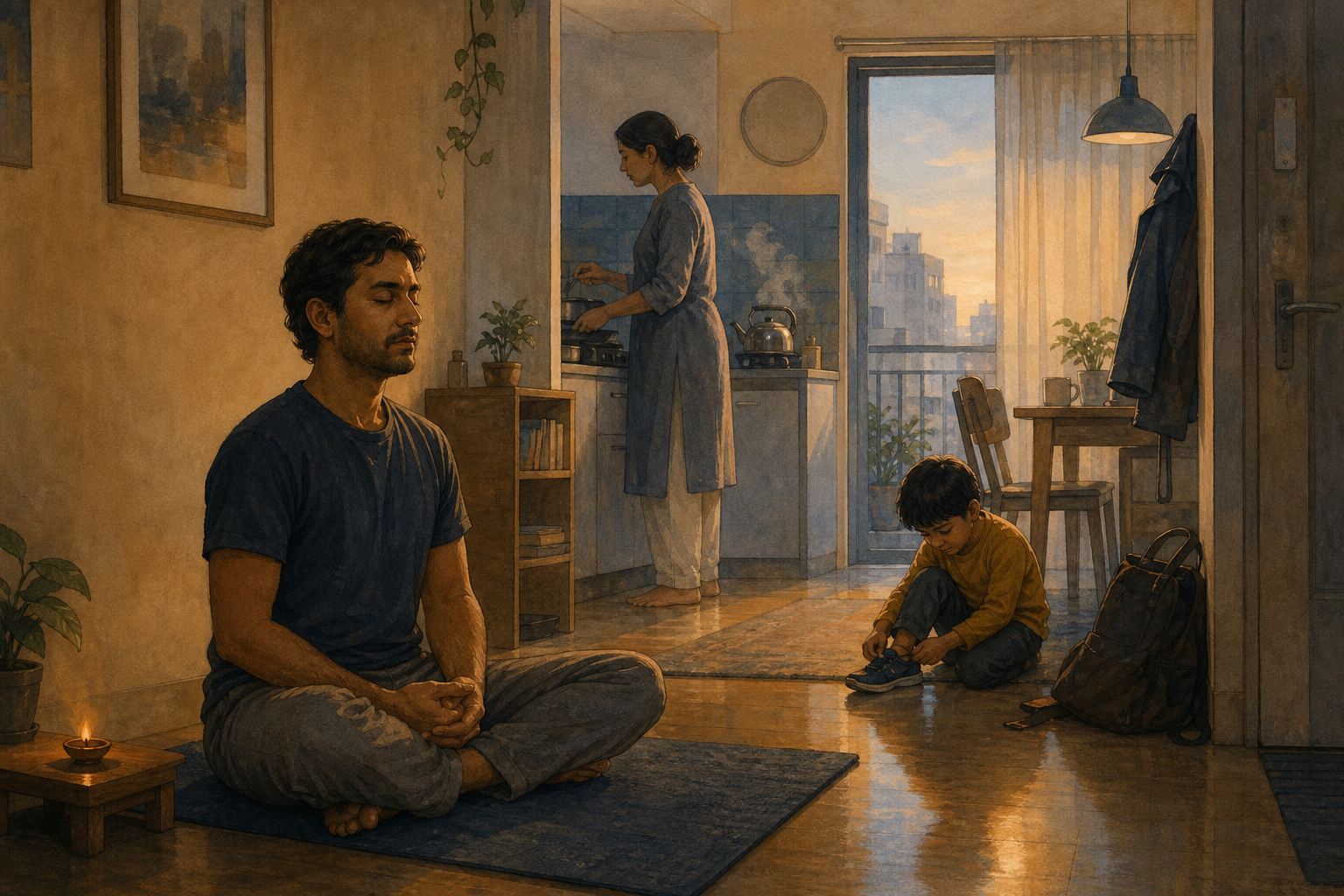 A householder meditates briefly in a compact apartment while a partner prepares breakfast and a child gets ready nearby.