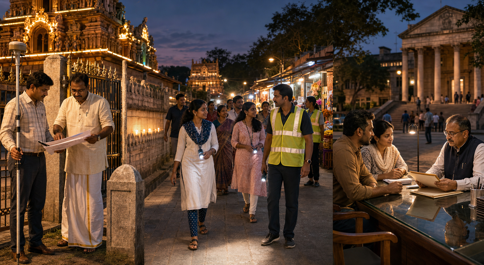 A temple trustee checks a land boundary, residents conduct a safety walk, and citizens review a case file with a public official.