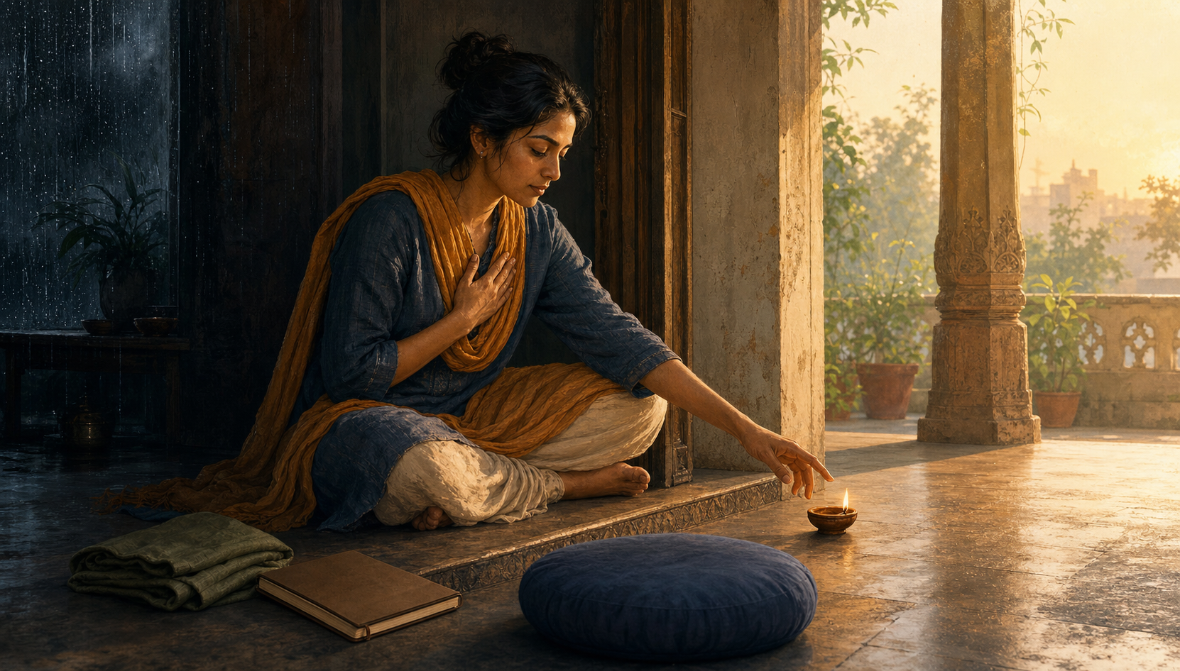 An adult sits at a doorway between a shadowed rainy room and a warm dawn veranda, reaching toward a small clay lamp beside everyday objects and a meditation cushion.