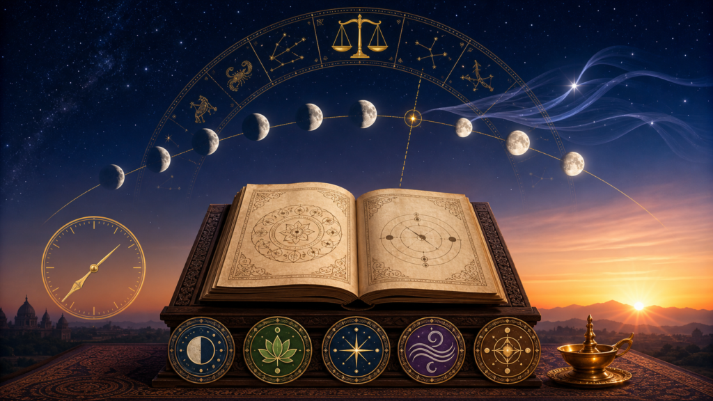 July 22, 2026 Hindu Panchang illustration with an open manuscript, lunar phases, zodiac ring, Libra scales, clock, sunrise and brass diya.