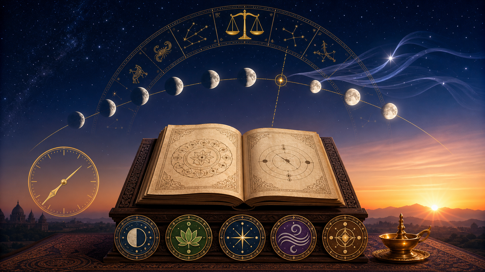 July 22, 2026 Hindu Panchang illustration with an open manuscript, lunar phases, zodiac ring, Libra scales, clock, sunrise and brass diya.