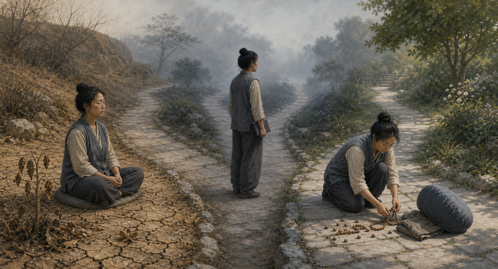 A practitioner continues beside dry soil, pauses at a misty fork with a blank book, and gathers scattered prayer beads near a fallen cushion.