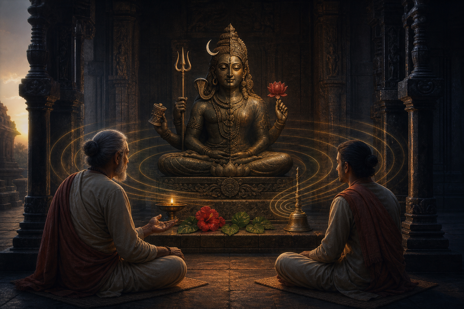 A Shiva-Devi icon with ritual attributes stands in a lamplit temple as golden sound ripples extend toward a seated teacher and student.