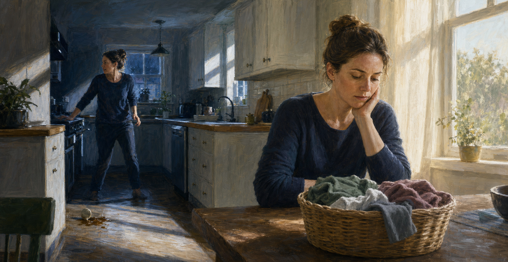 An adult responds alertly to a household disruption in the background while pausing before a basket of laundry in a quieter foreground moment.