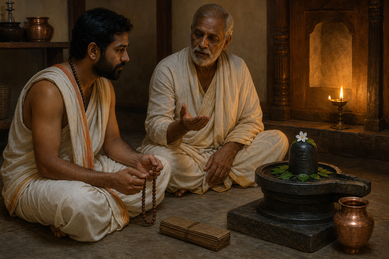 An elder and an adult practitioner sit before a flower-decorated Shiva lingam, with a rudraksha mala and ritual vessels nearby.