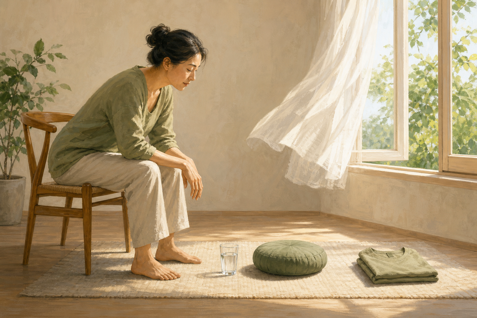 A seated adult grounds their feet and breathes by an open window while leaning toward a single garment ready to be folded.