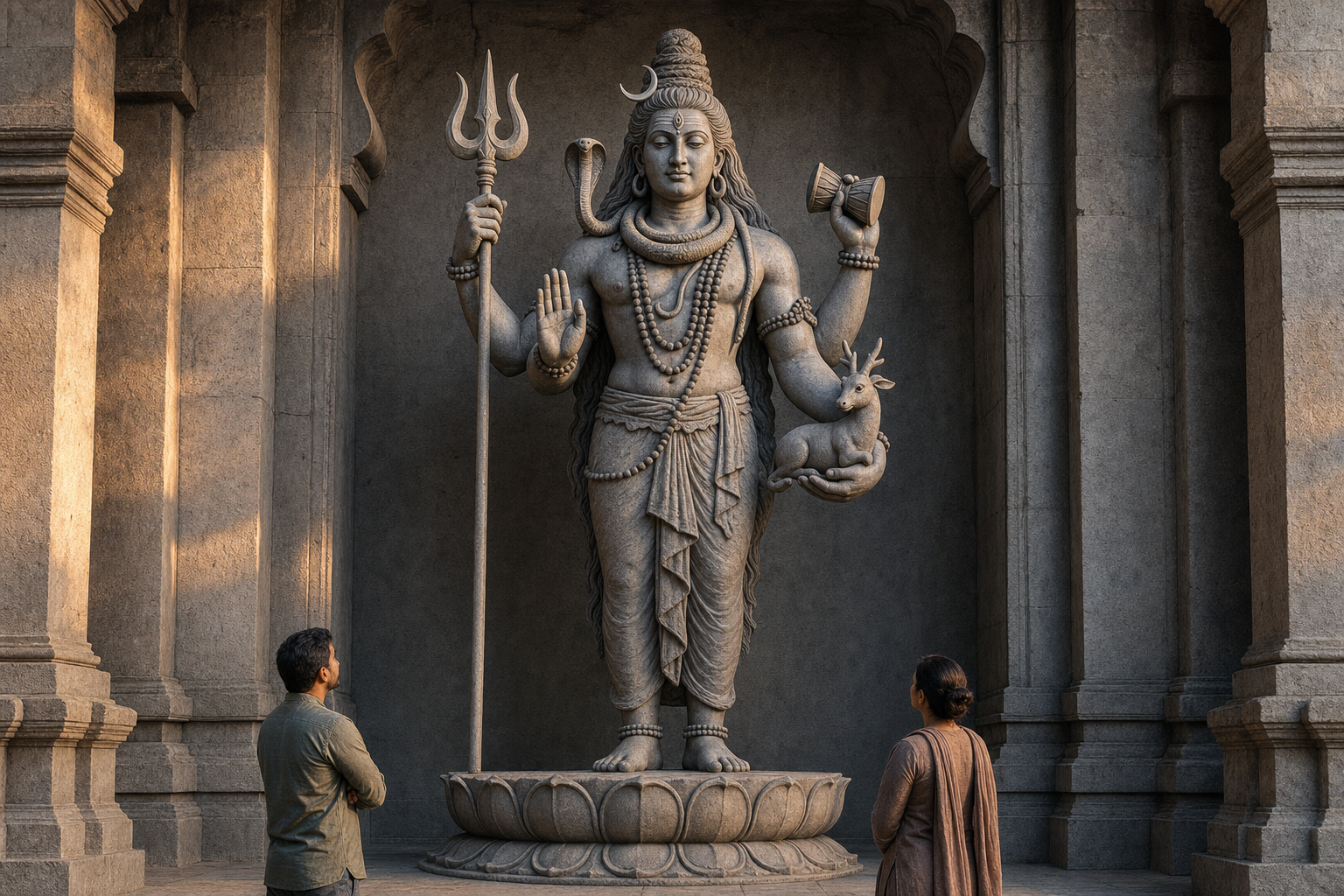 A four-armed Shiva sculpture displays matted hair, a crescent moon, third eye, trident, drum, reassurance gesture, and antelope as two visitors observe.