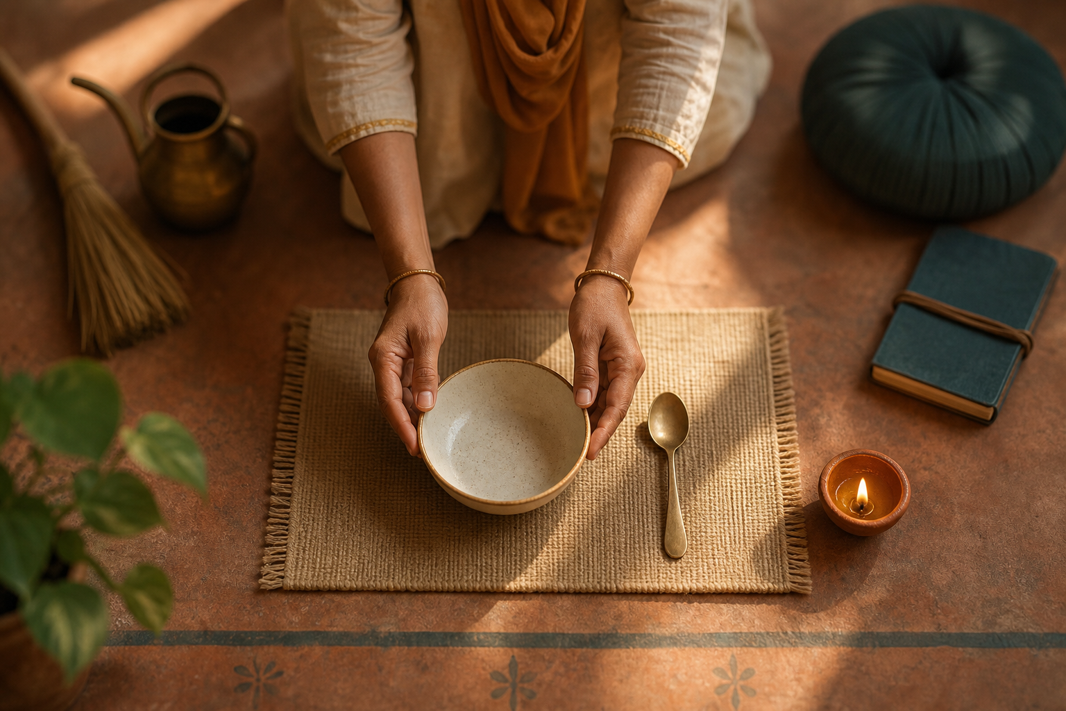 Two hands set one bowl and spoon on a dining mat beside a small oil lamp, with other household and practice objects softly blurred around them.