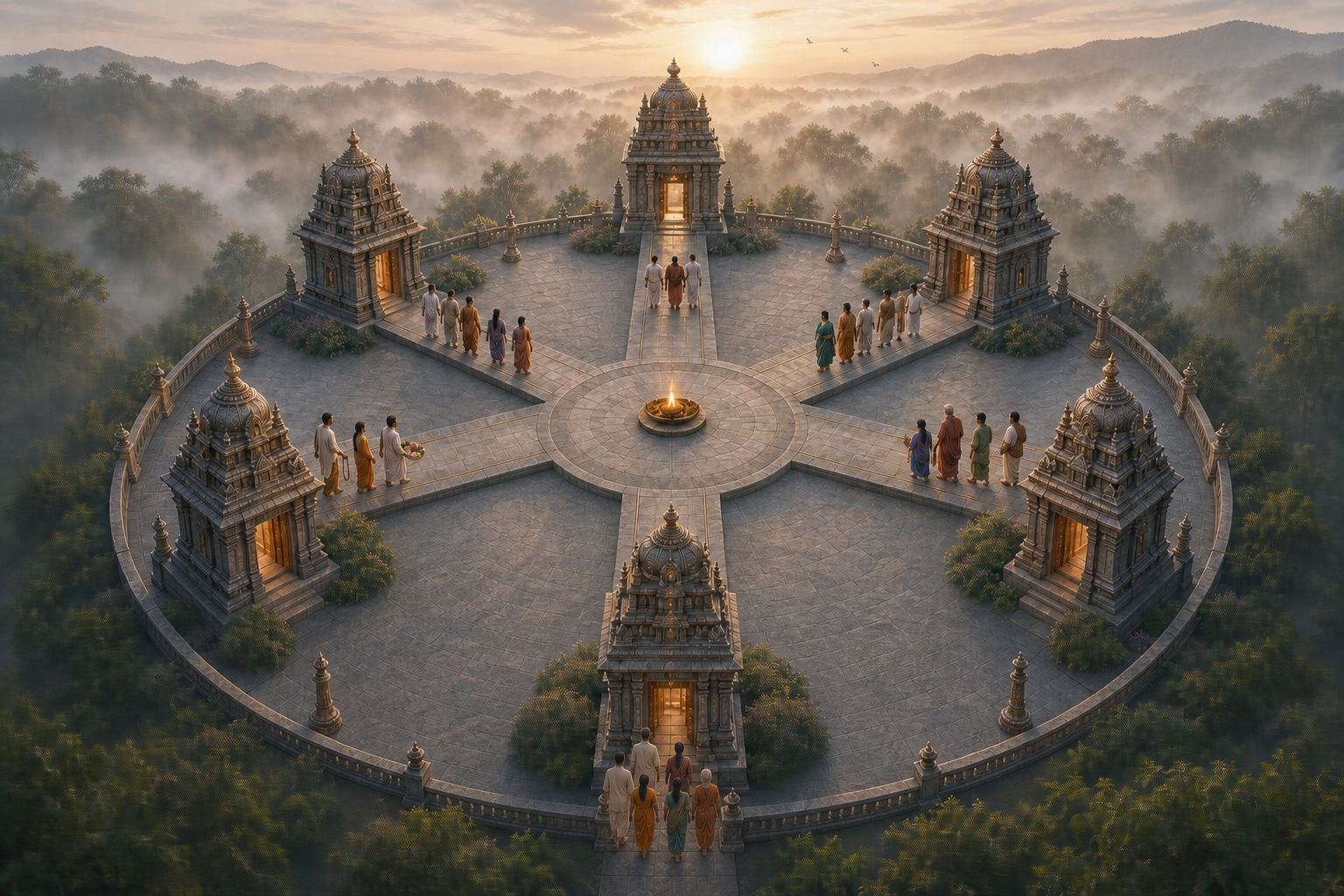 Six equally sized temple gateways and level paths surround a central lamp, with teachers and adult students approaching from each direction.