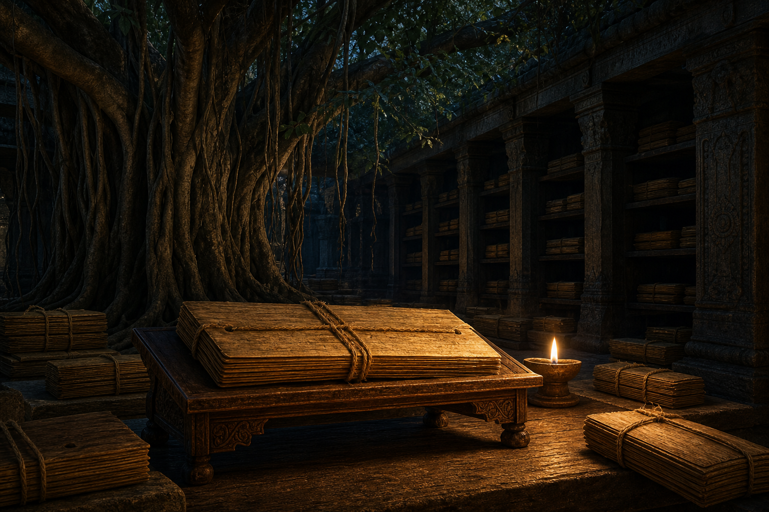 Several tied palm-leaf manuscript bundles on a wooden stand beneath a banyan tree, illuminated by an oil lamp in a quiet archive.