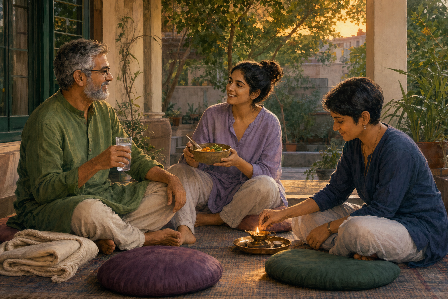 Three adults sit together on a shaded veranda with water, nourishing food, a small lamp, meditation cushions, and a folded blanket.