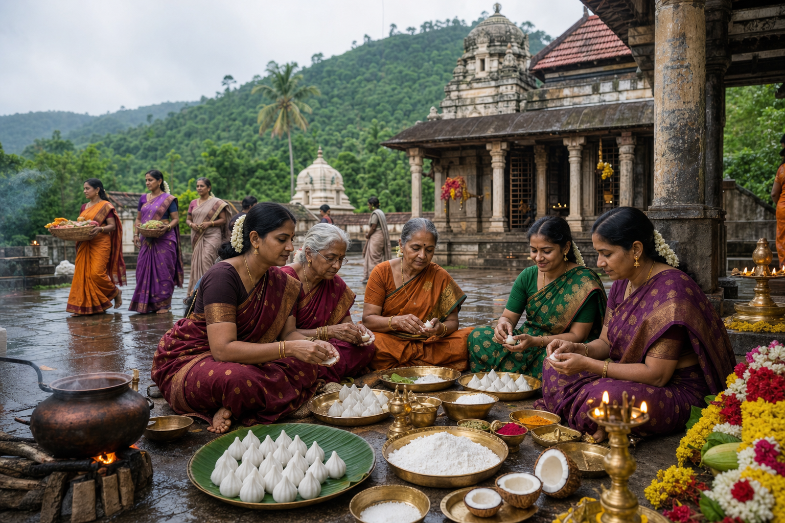 Tamil women shape rice-flour kozhukattai in a rain-wet South Indian temple courtyard during the Aadi Festival.