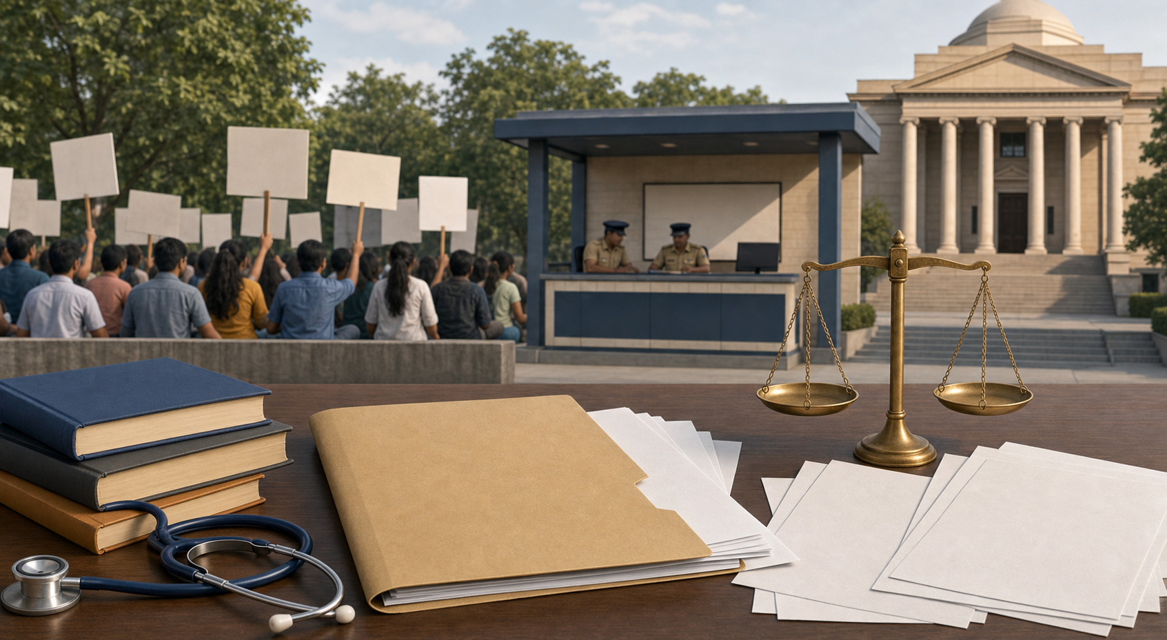 An unmarked complaint folder and balanced scale sit before a peaceful student protest, with a police desk and courthouse shown farther away as separate stages.