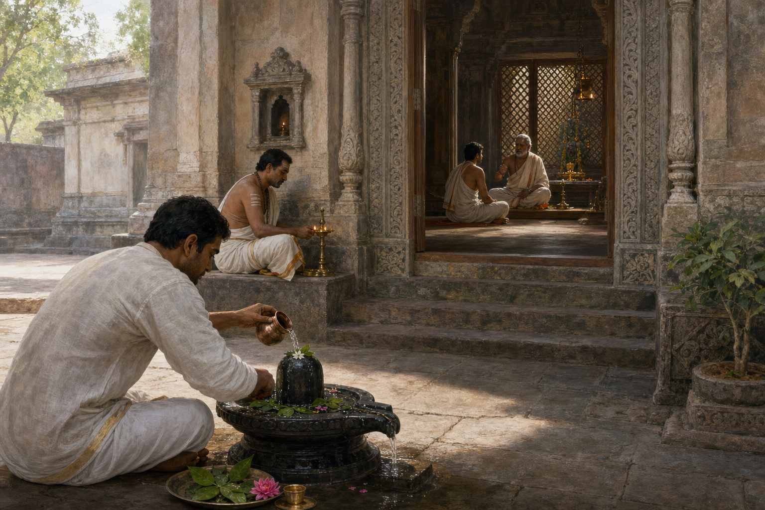 A seeker makes a simple shrine offering in a temple courtyard while a priest tends a lamp and a teacher guides an adult student beyond a screened doorway.