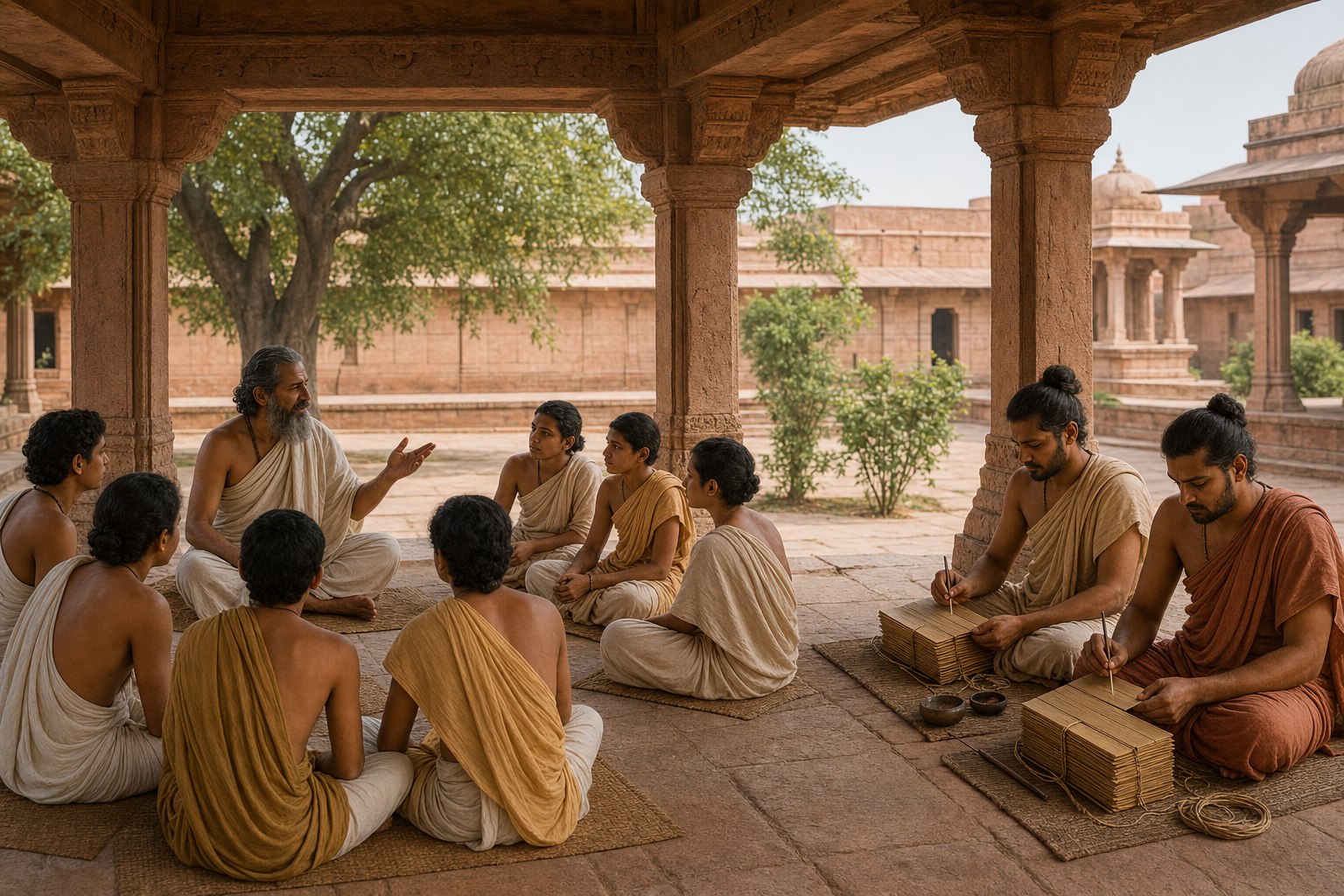 A reciter teaches a seated group while two scribes prepare separate palm-leaf manuscript bundles in an ancient Indian courtyard.