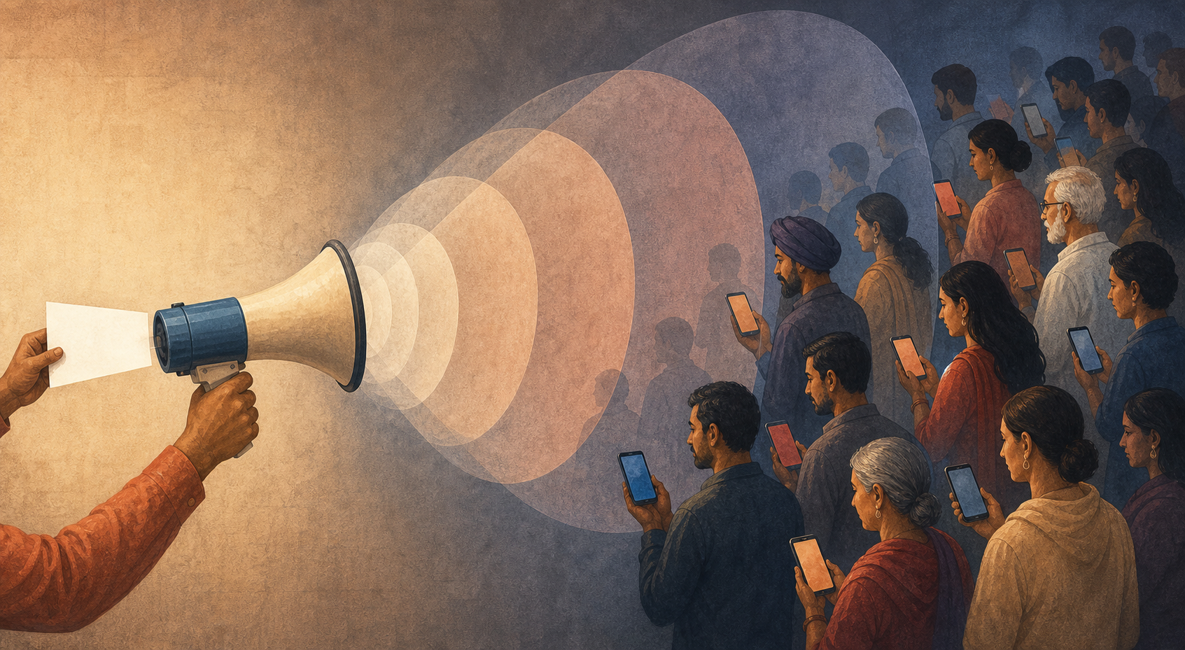 A blank sheet beside a megaphone produces widening visual echoes toward a crowd of people holding smartphones.