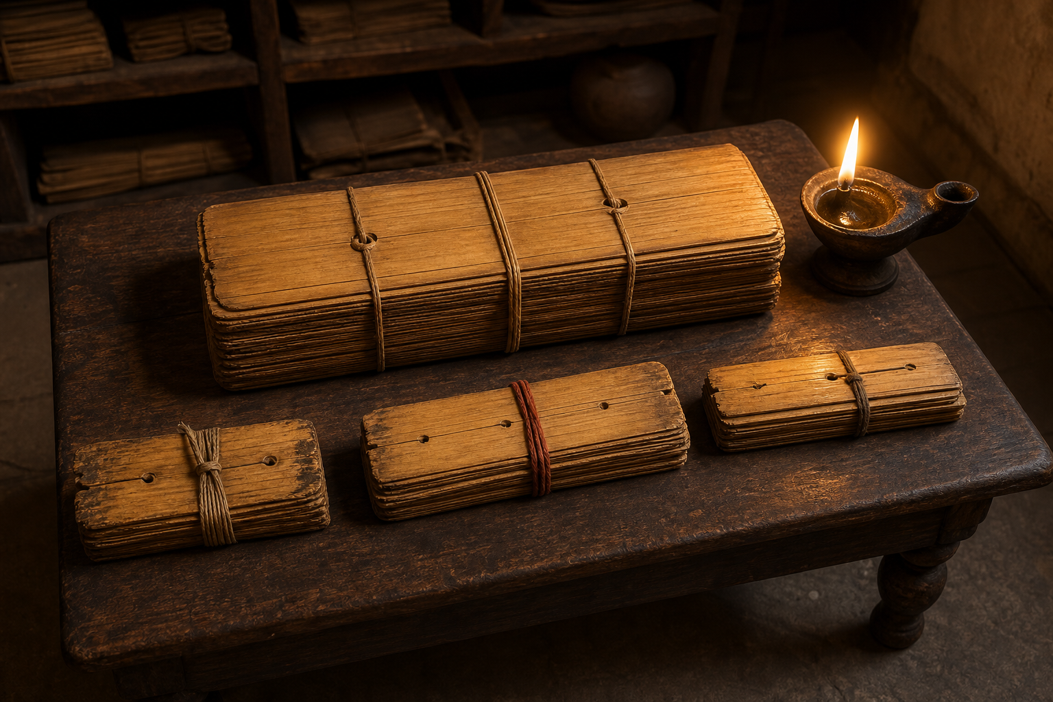 One large palm-leaf manuscript bundle and three subtly different smaller bundles share the same lamplight on a wooden table.