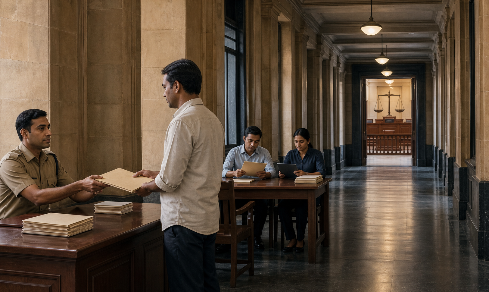 A corridor scene shows a complaint being submitted at a police desk, investigators reviewing materials, and a courthouse in the distance.