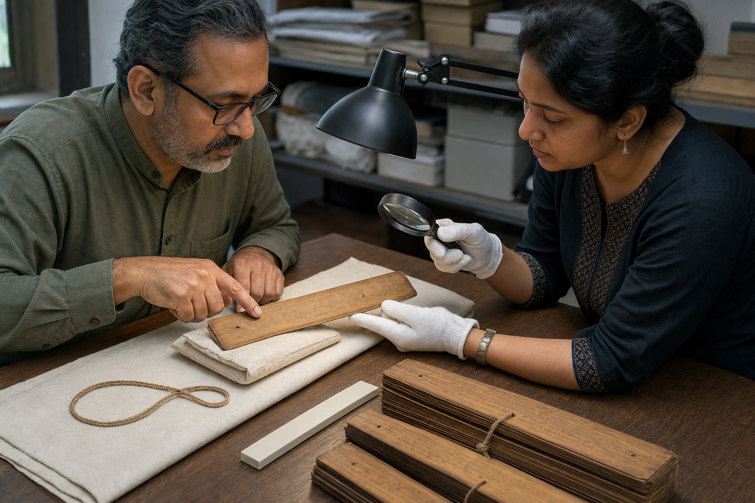A conservator and a manuscript specialist examine an aged palm-leaf folio under angled light in an archival workspace.