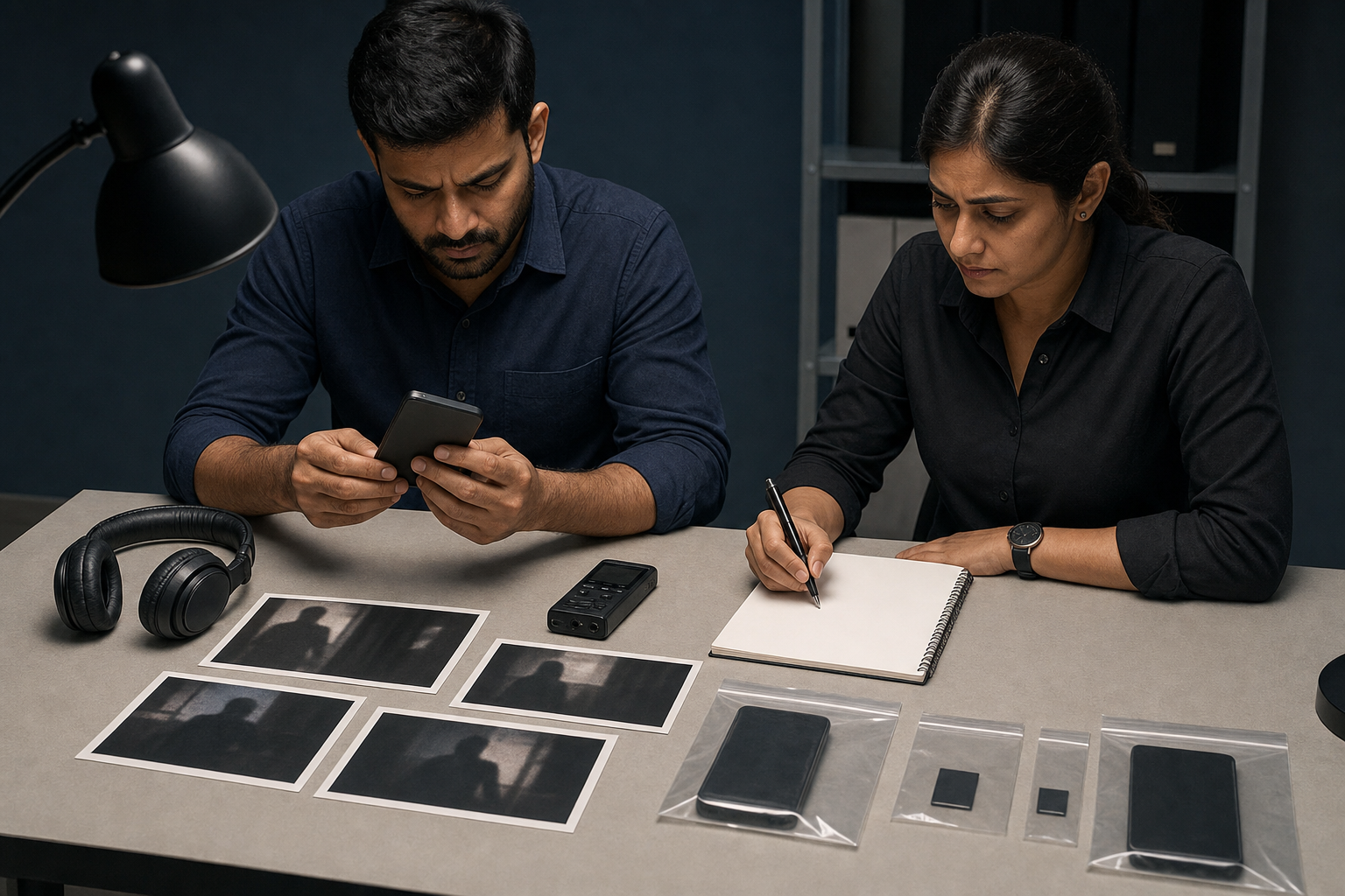 Two analysts carefully compare a phone, audio equipment, printed image frames, and sealed digital media at an evidence-review table.