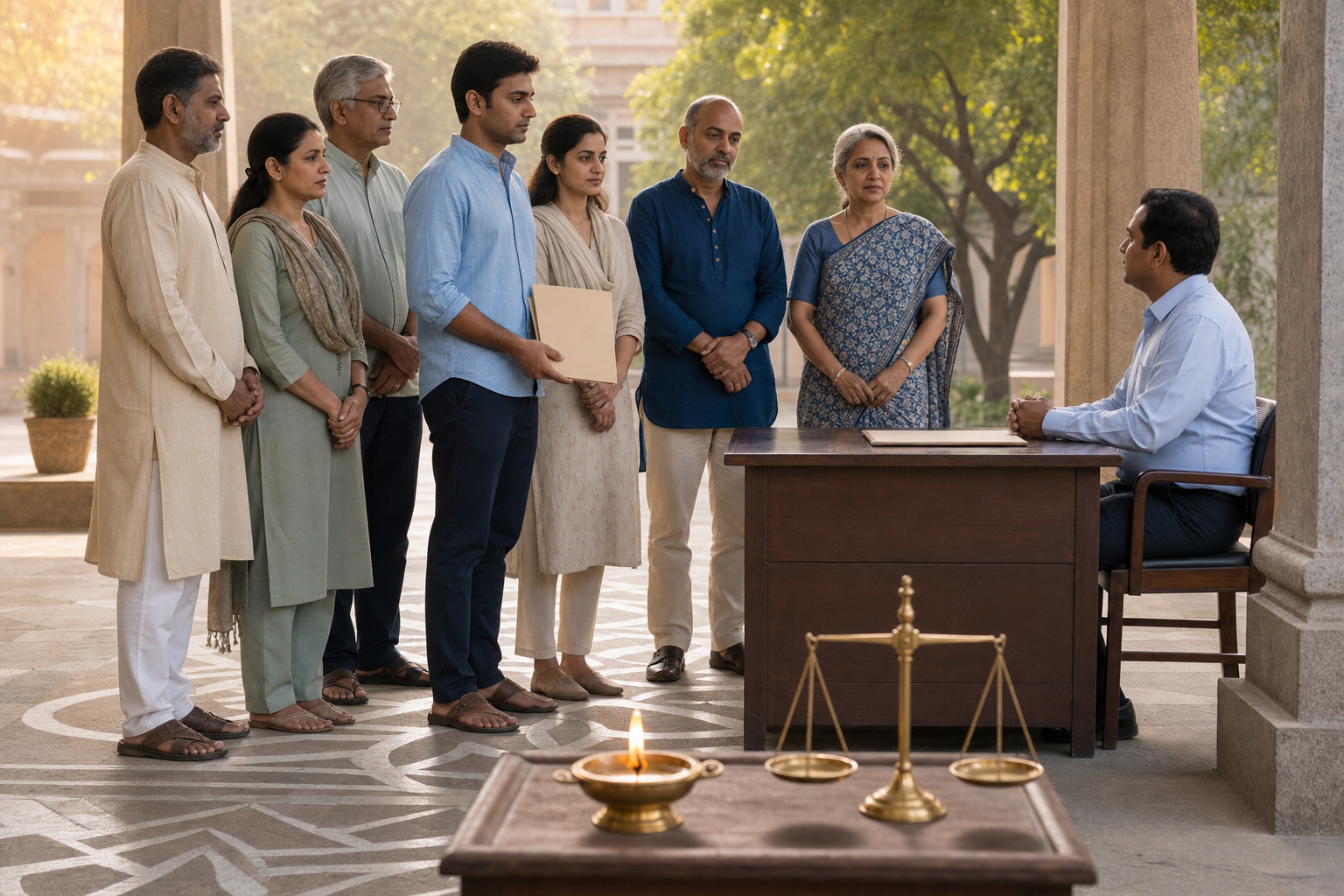 A calm group presents an unmarked petition to a civic official in a courtyard beside a lit brass lamp and balanced scale.