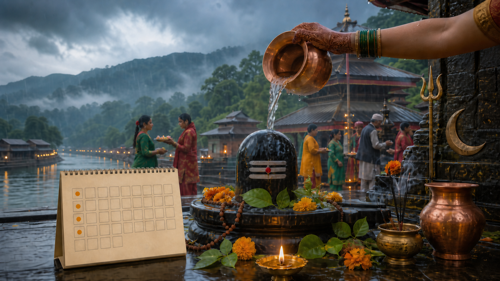 Water poured over a Shiva linga beside a calendar marking four Shrawan Mondays in a rain-soaked Nepali temple courtyard.