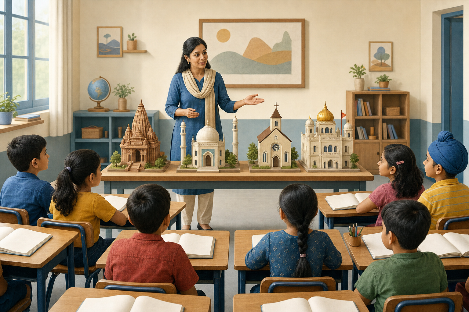A teacher shows models of several places of worship to seated primary school students during a classroom lesson.