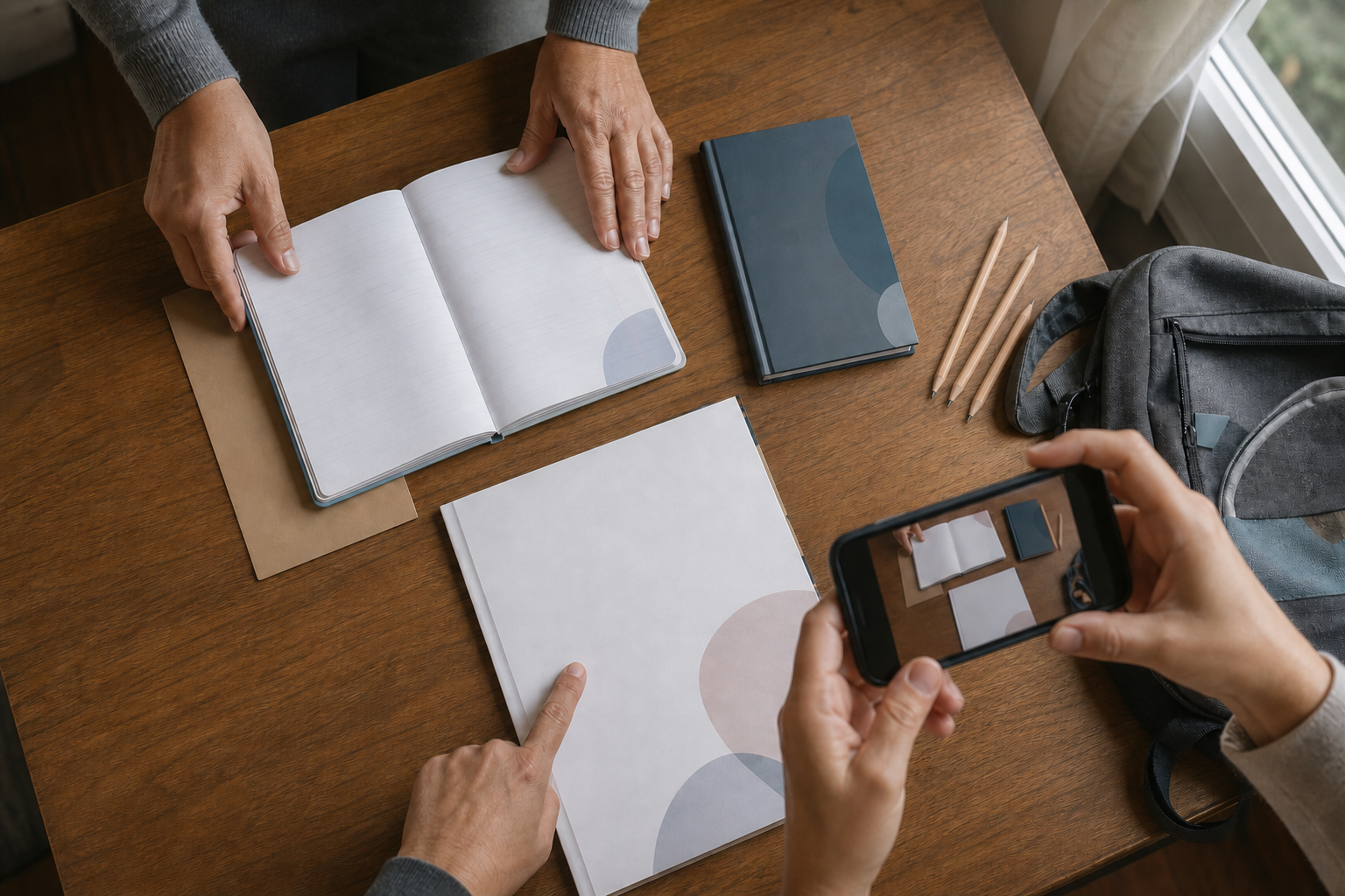 Adult hands organize a child's notebook, worksheet and school diary while a phone photographs the materials.