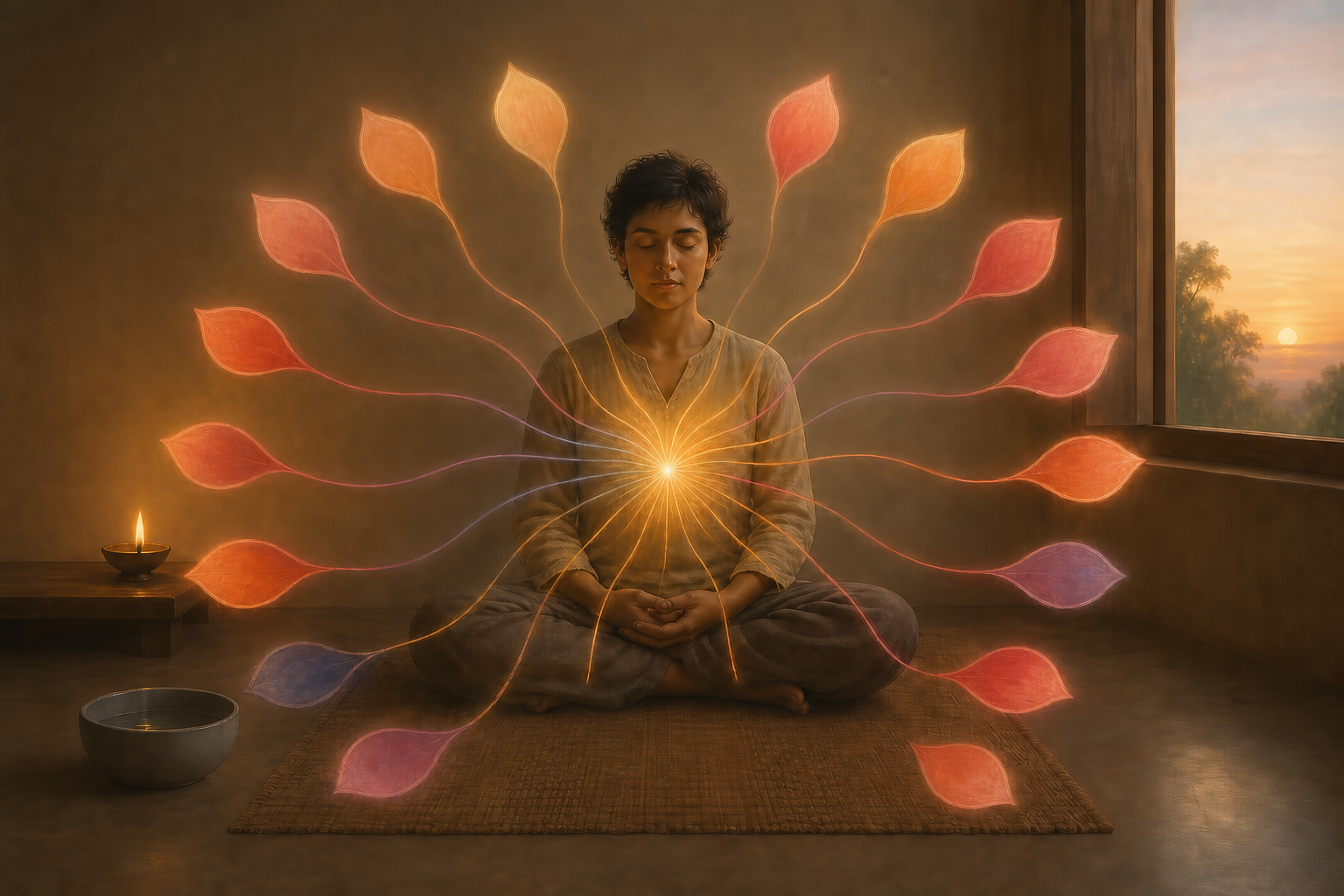 A seated meditator is surrounded by sixteen luminous petal-like forms whose colored streams converge on a golden light at the heart.