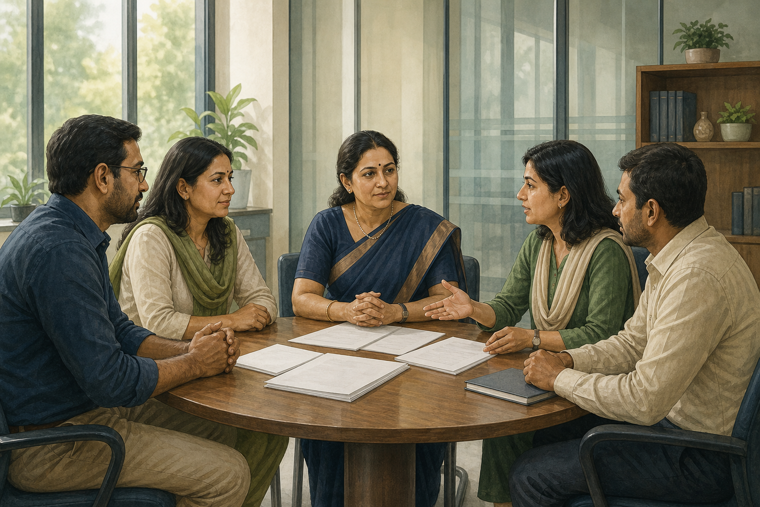 Parents, a teacher, a principal and a counselor review classroom materials together at a round-table meeting.