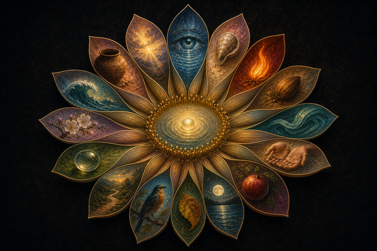 A sixteen-petaled lotus contains varied natural motifs, with some petals illuminated and others partly shadowed around a calm central light.