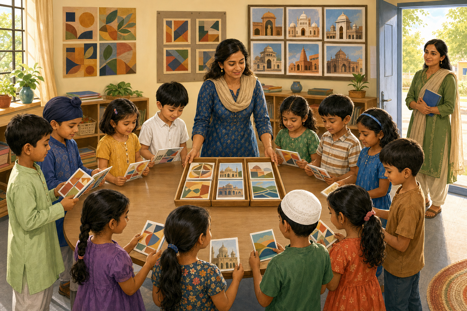 Primary school students choose among equivalent picture-based classroom activities while a teacher and counselor support the group.