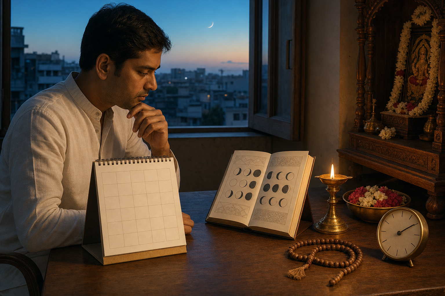A practitioner studies a lunar almanac and plain desk calendar beside a home shrine while a crescent moon hangs outside.