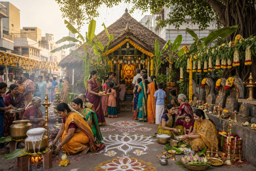 Tamil families prepare Pongal beside the flower-decorated thatched sanctum during Aadi Velli at Mundaka Kanni Amman Temple in Mylapore.