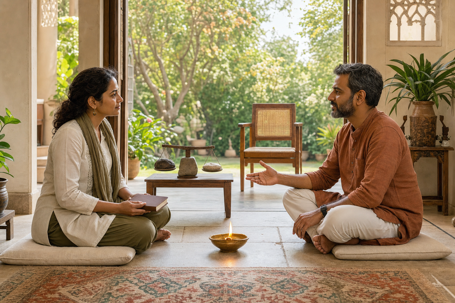 A spiritual guide and a seeker sit at equal height in an open veranda, with a lamp between them and a clear doorway to a garden.