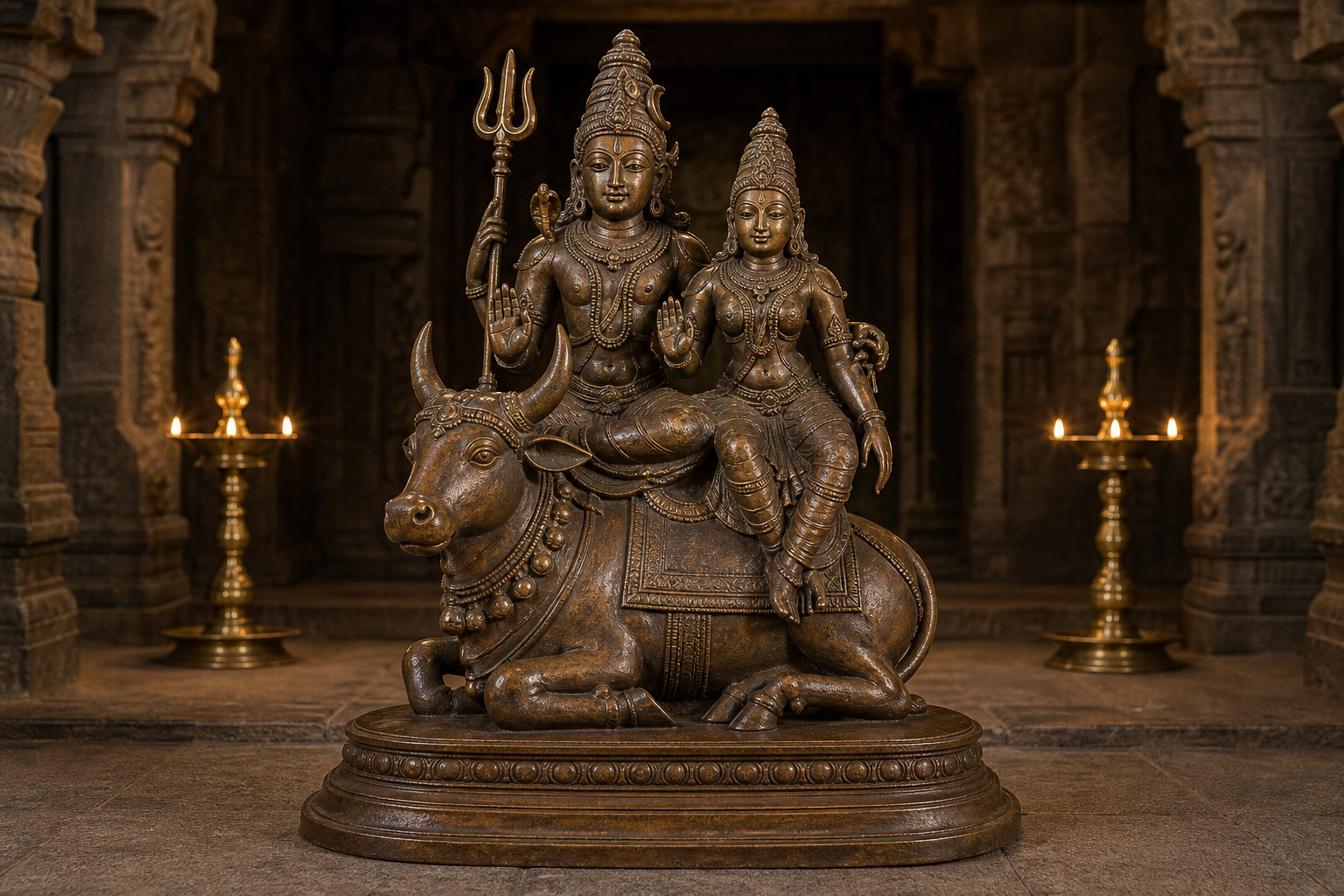 A close three-quarter view of a processional bronze showing Shiva and Parvati together above the adorned bull Nandi.
