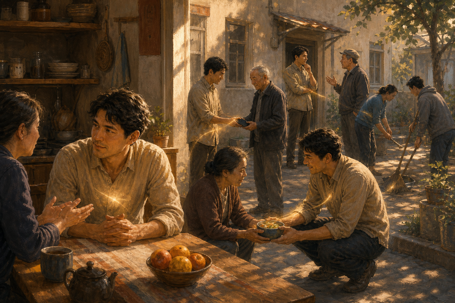 A person listens at a kitchen table, returns a wallet, shares food, and helps clean a courtyard in a continuous everyday scene.