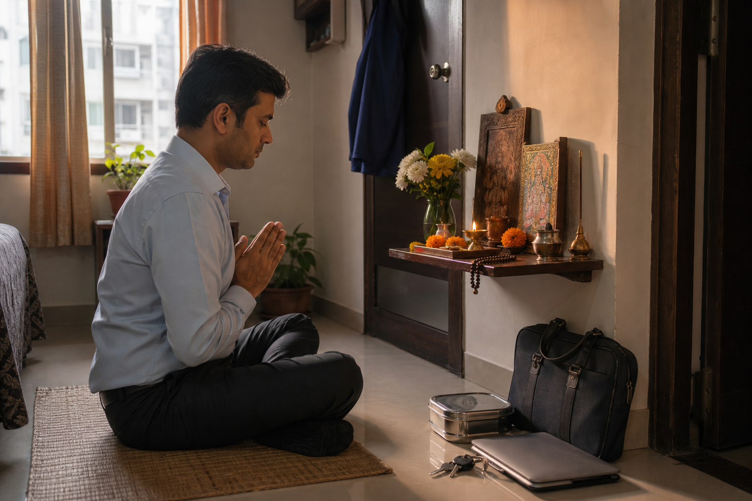 An office worker performs a brief morning practice at a small home altar while a work bag and lunch container wait nearby.
