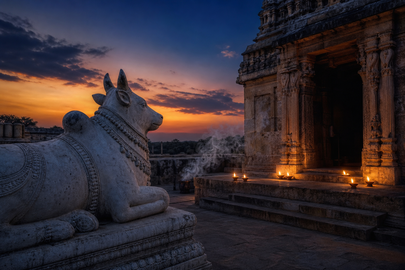 A white stone Nandi faces a Shiva shrine as the sky changes from sunset amber to deep blue and oil lamps begin to glow.