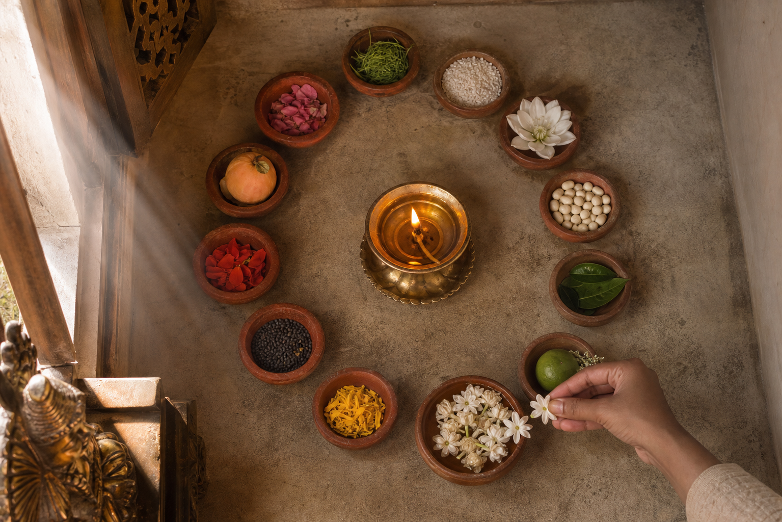 A hand refreshes flowers beside twelve offering bowls arranged around a steady oil lamp.