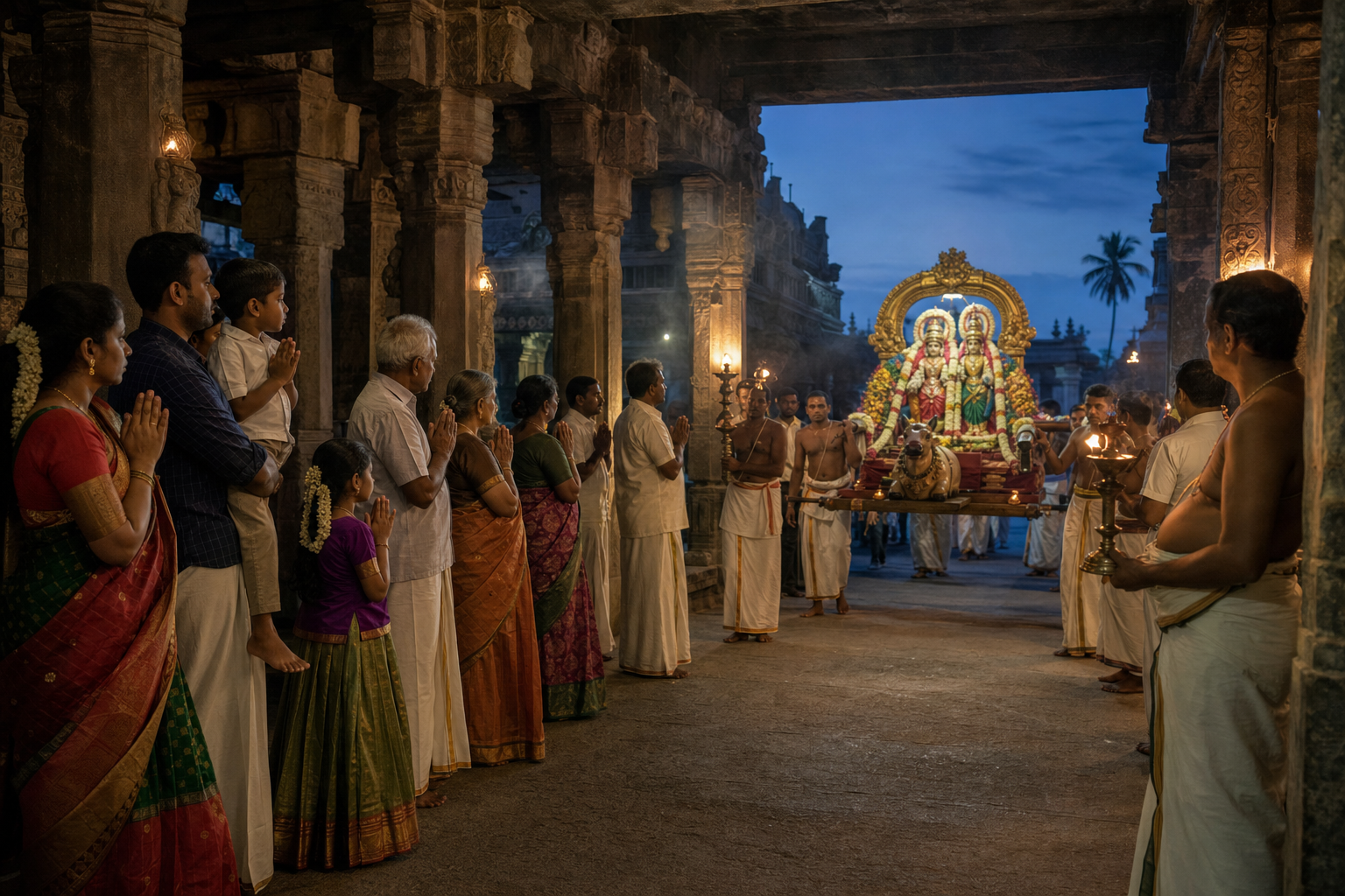 Devotees stand with joined palms beside an open procession route as a Pradosha image approaches through a lamp-lit temple hall.