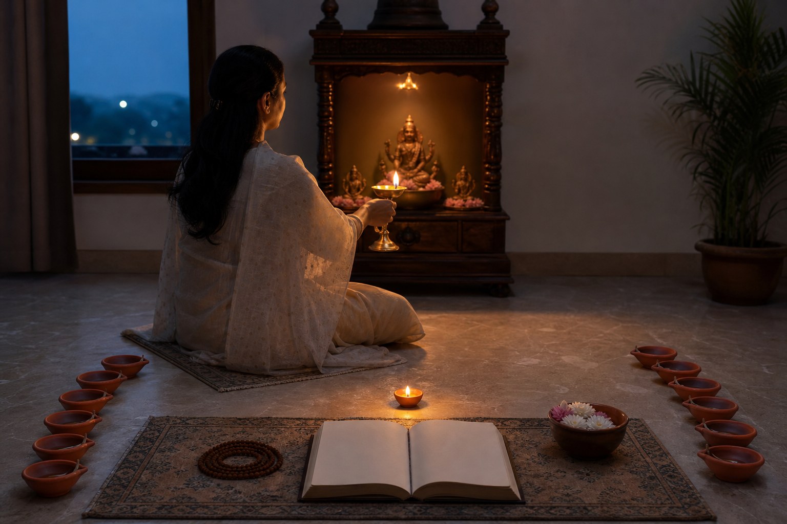 A practitioner offers a final lamp before a home altar, with prayer beads, flowers, a blank journal, and twelve extinguished clay lamps nearby.