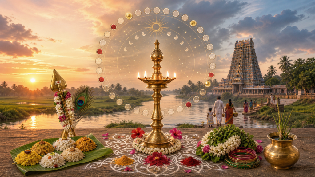Brass kuthuvilakku on a floral kolam beside the Kaveri at sunrise, with a Tamil temple and Aadi festival offerings.