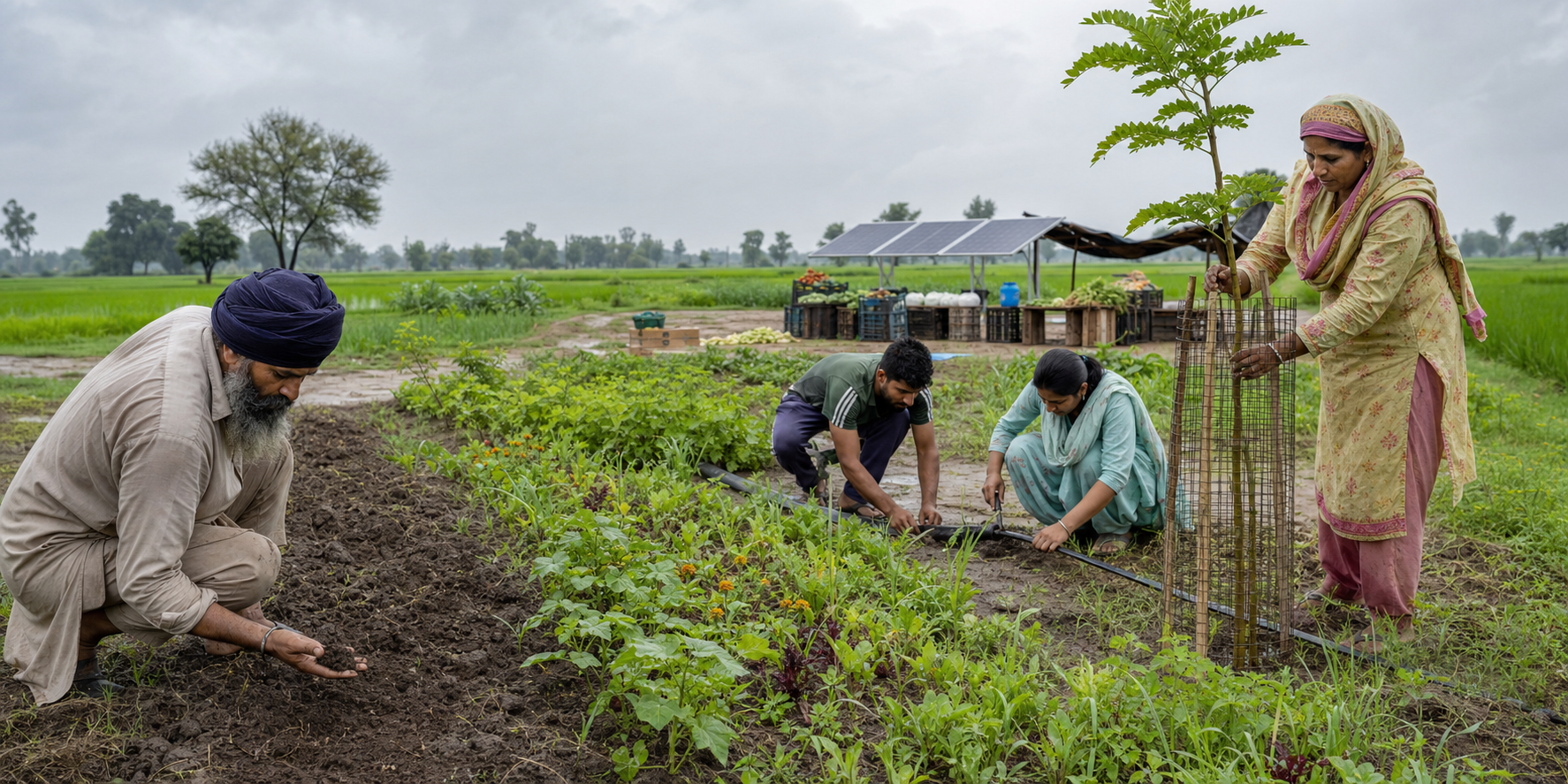 Farmers in Punjab inspect soil, tend a young tree and adjust irrigation beside a diverse green field and stacked produce crates.