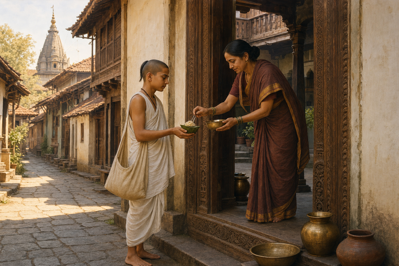 A Brahmachari student receives a small portion of cooked food from a householder at the wooden doorway of a traditional home in old Poona.