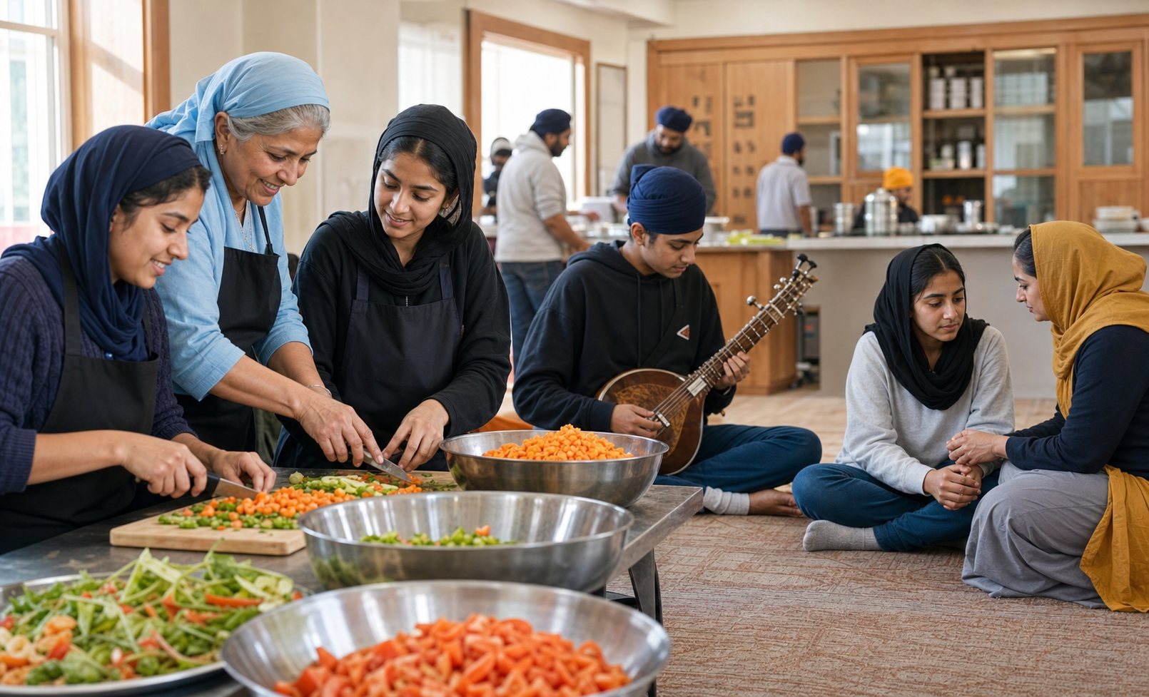 Sikh teenagers and adults prepare vegetables for langar in a community room while one youth practices a string instrument and another speaks with a supportive adult.