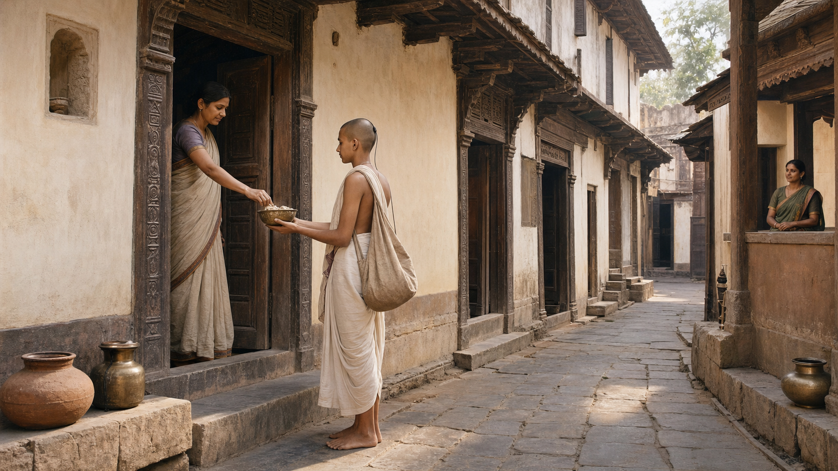 A young Brahmachari carrying a cloth bag and leaf bowl stops at one of several household doorways along a stone-paved lane in old Poona.